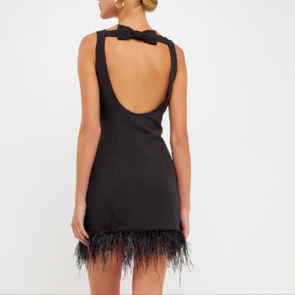endless rose Feather Trim Mini‎ Dress BLACK Cutout Bow Size XS